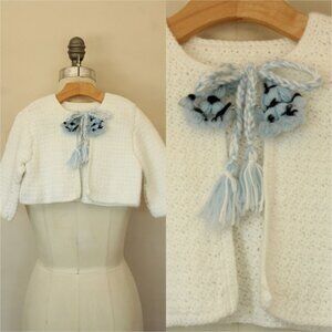 Vintage 1950s 1960s Baby Sweater, White Knit Cardigan with Blue Ties